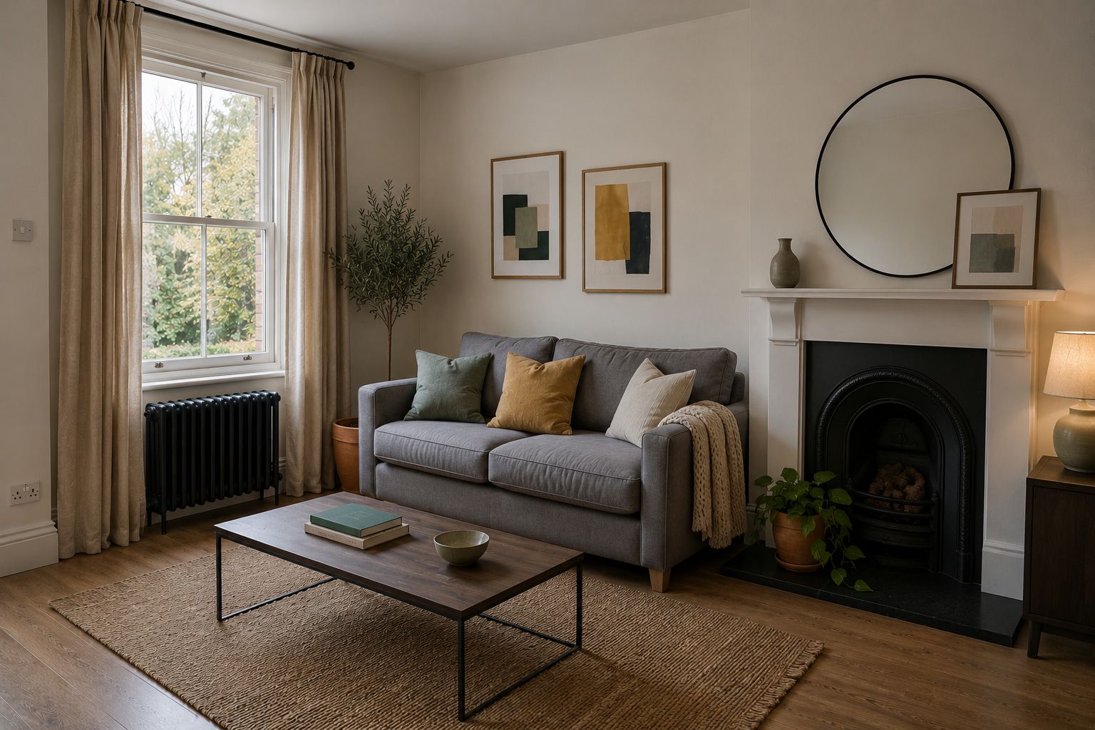 A styled living room in a rental property, finished and ready to photograph for a listing: a grey sofa dressed with sage and mustard cushions and a knitted throw, a jute rug, framed prints and a round mirror.