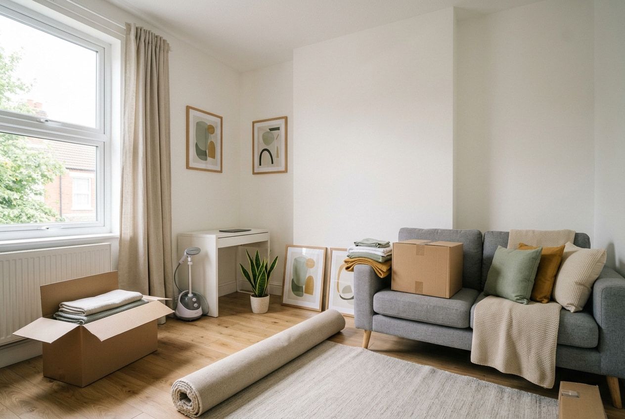 A living room being staged on installation day: open boxes of folded linen, a part-unrolled rug, framed prints waiting to be hung and a sofa half-dressed with cushions and a throw.